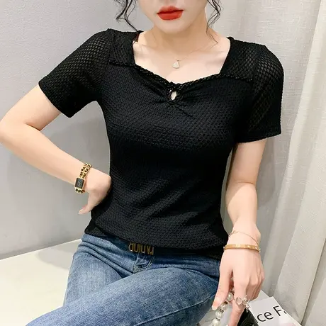 性感蕾丝小衫女2024夏新款欧货洋气纯色百搭上衣别致镂空T恤短袖图片