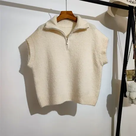 Polo领拉链针织马甲女春秋新款纯色百搭无袖坎肩毛衣背心上衣外套商品大图