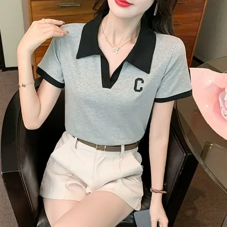 欧货撞色翻领字母刺绣短袖T恤女2023夏装新款Polo领小衫上衣ins潮商品大图