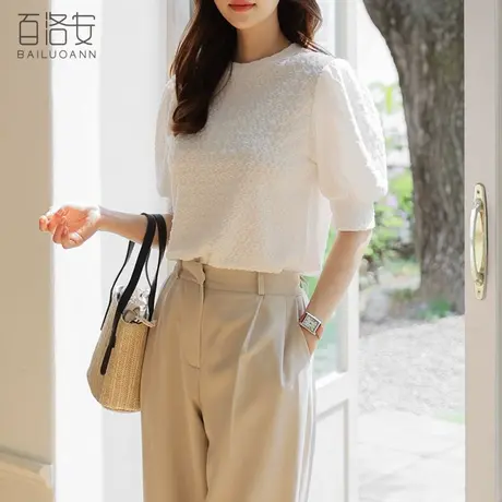 百洛安法式宽松圆领T恤女2024夏装时尚泡泡袖百搭休闲套头上衣薄商品大图