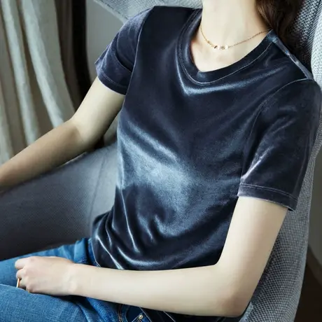 2023夏季新品金丝绒半袖t恤女短袖百搭衣服灰色大码上衣休闲绒衫商品大图