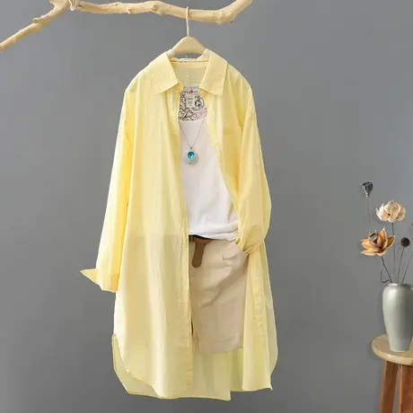 夏装新品中长款纯色长袖防晒衬衫女韩版宽松休闲防晒衣开衫薄外套商品大图