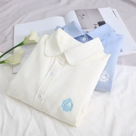 2019春季新款日系小清新文艺刺绣白衬衫女长袖学生娃娃领打底衬衣图片