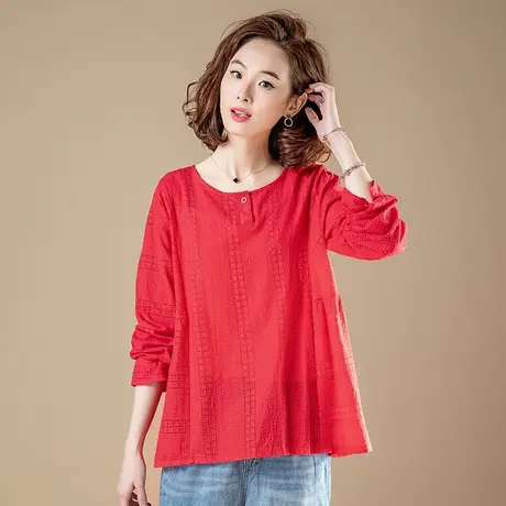凯诗帕春秋季加肥加大码女装宽松全棉长袖休闲女上衣刺绣衬衣T恤商品大图