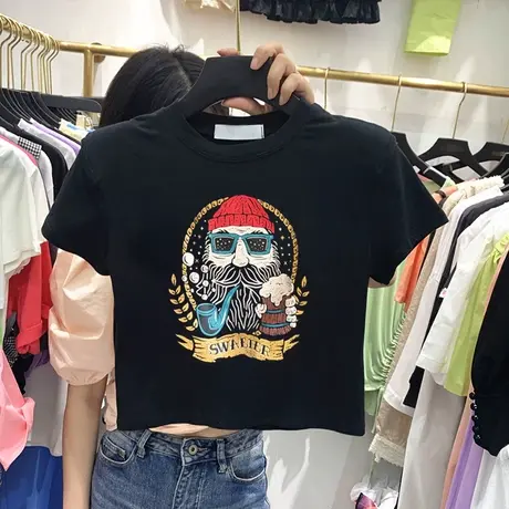 高腰短款上衣网红t恤女露脐泫雅风修身显瘦百搭半袖胡子大叔印花商品大图