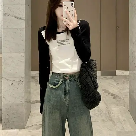 秋季独特别致设计感小众锁骨上衣修身小衫长袖正肩辣妹印花t恤女商品大图