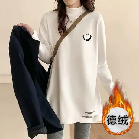 白色半高领德绒打底衫女秋冬中长款内搭上衣宽松加绒加厚长袖t恤图片