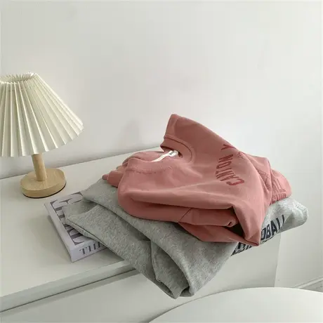 卡通印花人像字母圆领长袖卫衣女粉红色秋季宽松圈圈棉上衣外套女商品大图