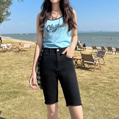 夏季黑色高腰牛仔短裤女夏2023年新款小个子五分裤薄款直筒牛仔裤商品大图