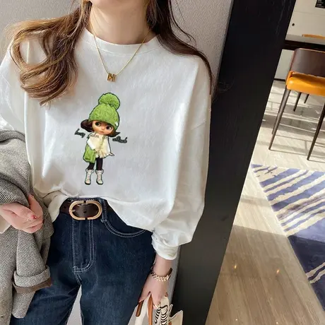 正肩短袖白色t恤女秋季纯棉上衣长袖春秋内搭宽松打底衫显瘦体恤商品大图