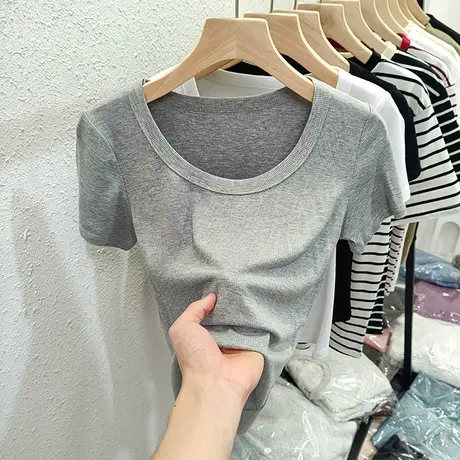 ins超火螺纹短袖t恤女夏装2024新款夏装修身显瘦半袖打底小衫上衣商品大图