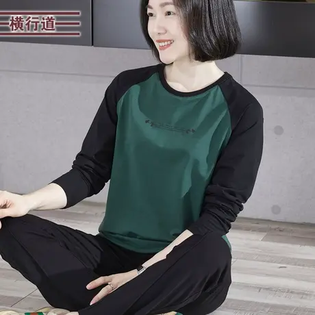 2025春季新款简约休闲圆领插肩撞色印花宽松长袖T恤女衣外穿大码商品大图