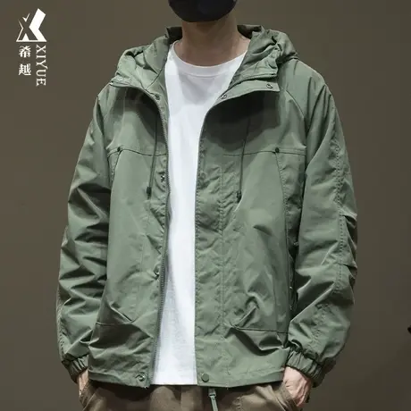 希越工装风男士夹克秋冬户外防水硬壳冲锋衣宽松大码墨绿色登山服商品大图