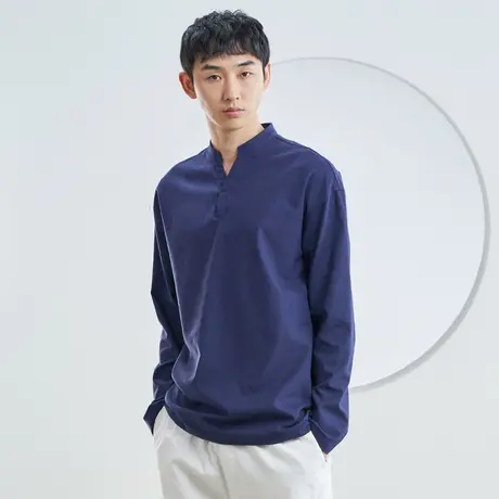 后序亚麻t恤男长袖宽松V领落肩秋季中式复古棉麻上衣 中国风T恤男图片