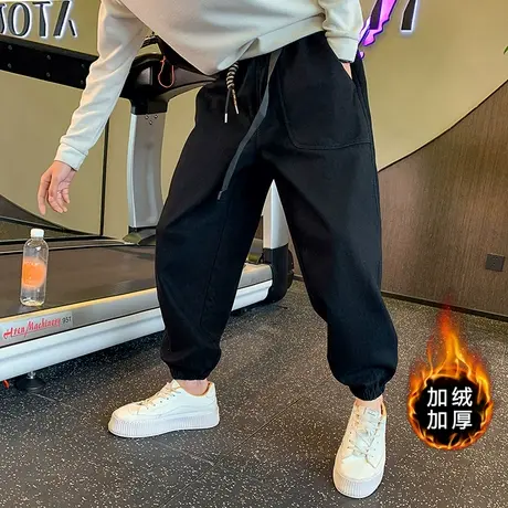 工装裤男2023秋冬纯色个性痞帅宽松束脚哈伦裤潮牌运动加绒休闲裤图片