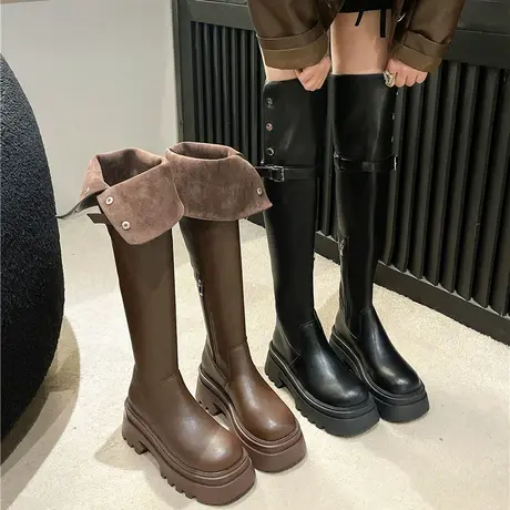 长筒靴女2023年秋冬新款复古高跟粗跟过膝靴小个子增高厚底骑士靴图片