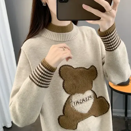 半高领加厚假两件2024春季新款韩版小熊宽松撞色针织衫毛衣女潮商品大图