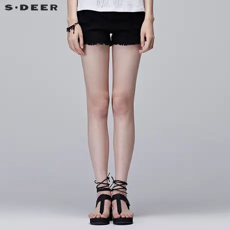 sdeer圣迪奥2019夏装休闲纯黑破洞毛边时尚全棉热裤短裤S17280955商品大图