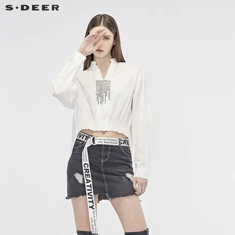 sdeer圣迪奥2019秋装新款女装不规则落肩袖衬衫S19180547图片
