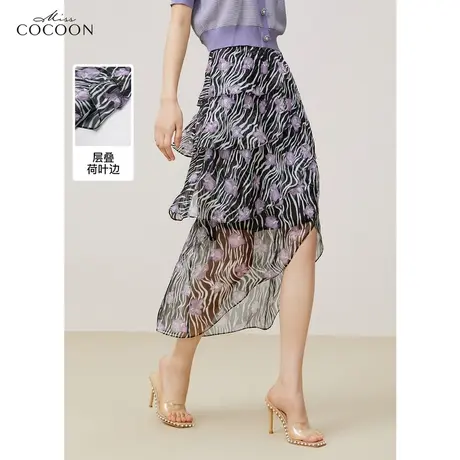 missCOCOON荷叶边印花半身裙女2023夏装新款中长款不规则气质裙子图片