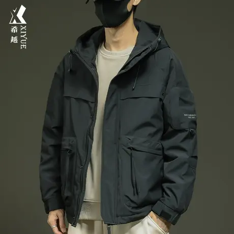 希越新款连帽外套男冬季2023新款加棉保暖宽松大码男士冲锋衣棉服商品大图
