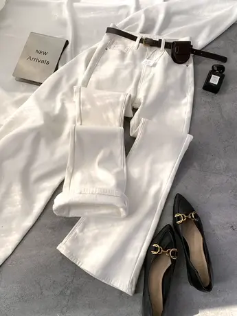 美式加绒加厚白色牛仔喇叭裤2023冬季新款显瘦百搭高腰弹力马蹄裤商品大图