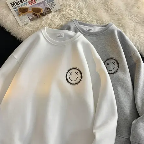 笑脸卫衣男春秋季oversize宽松圆领长袖t恤2024新款男装打底衫潮图片