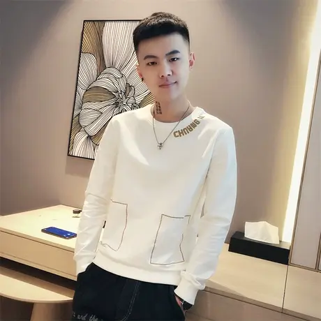 秋季男士时尚休闲长袖T恤网红潮牌潮流青年个性学生ins打底衫体恤商品大图