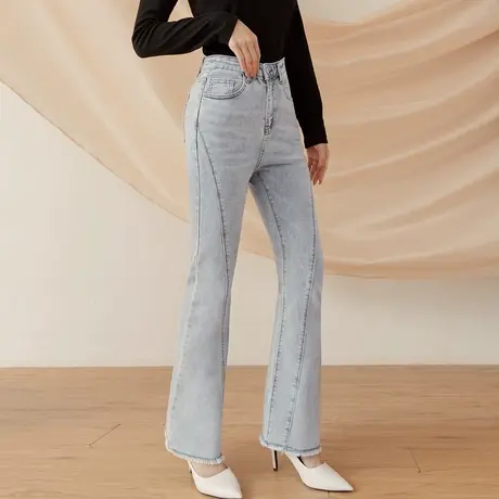 桔熊春秋季美式复古牛仔长裤子女长腿滤镜高腰微喇裤大码潮BA7403图片