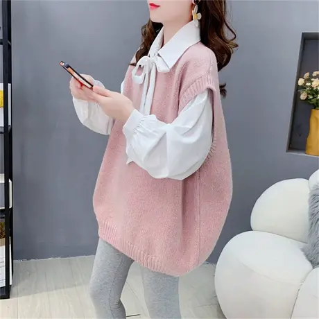 学院风圆领针织马甲女秋季2023年新款宽松洋气中长款无袖坎肩背心商品大图