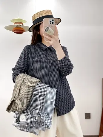 春秋季韩版文艺小清新格子双层纱纯棉长袖衬衫女宽松百搭打底上衣图片