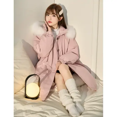 唐狮2024年秋冬新款棉衣女粉色中长款毛领连帽韩版加厚上衣1.25图片