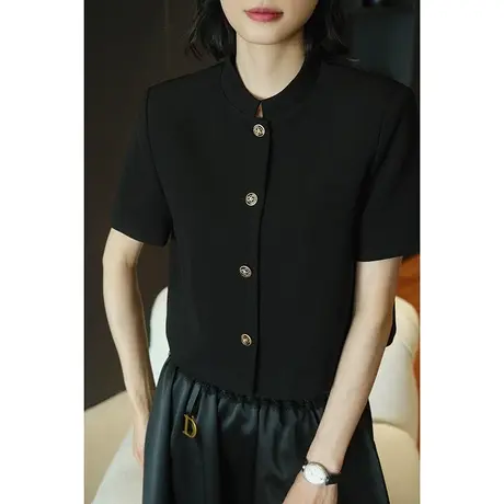 2024春夏新款女装新中式国风红色短款齐腰立领短袖女士短外套女图片