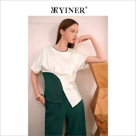 YINER音儿女装夏季女装优雅短袖衬衫收腰收褶上衣图片