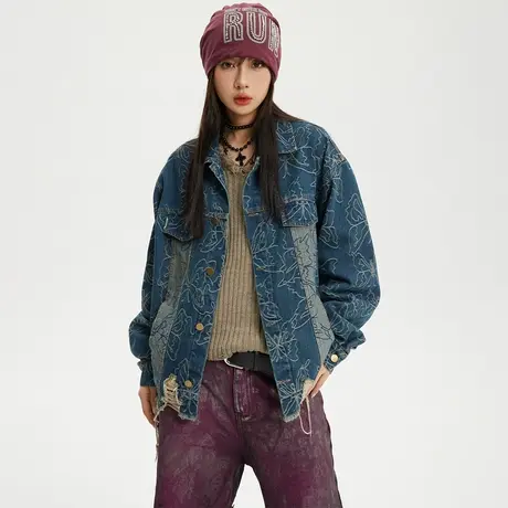 美式复古设计感拼接牛仔外套女春秋2024新款做旧情侣夹克宽松上衣图片