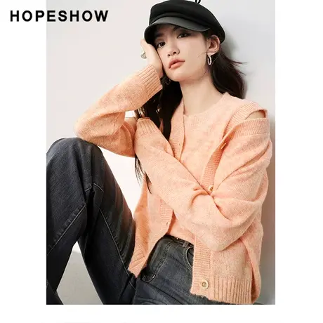红袖混色纱单排扣针织开衫hopeshow2024春季新款V领短款薄外套图片