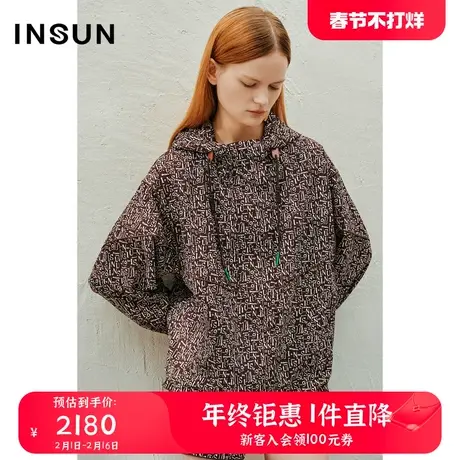 INSUN恩裳春季复古休闲拉链连帽针织衫商品大图