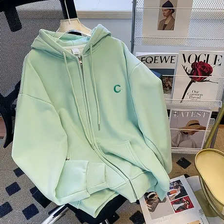 设计感连帽开衫卫衣女秋冬季加绒加厚ins潮牌宽松慵懒风大码外套图片