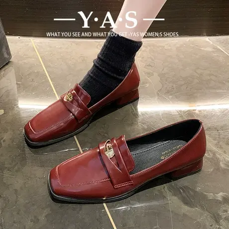 红色玛丽珍鞋方头小皮鞋女2024新款小金币乐福鞋粗跟通勤工作单鞋商品大图