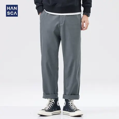 hansca休闲裤男士秋冬款加绒加厚直筒宽松潮流运动灰色弹力长裤子商品大图