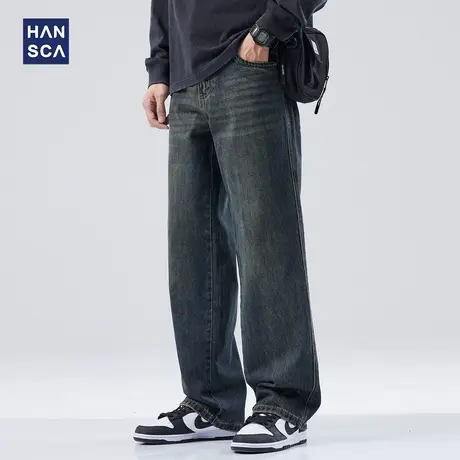 hansca直筒牛仔裤男秋季新款美式高街潮牌宽松阔腿痞帅休闲长裤子商品大图