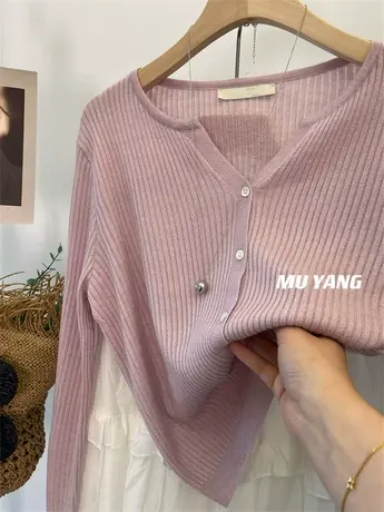 爆爱色系！羊毛竖纹理小v领长袖软糯短款针织衫开衫春季新款上衣图片