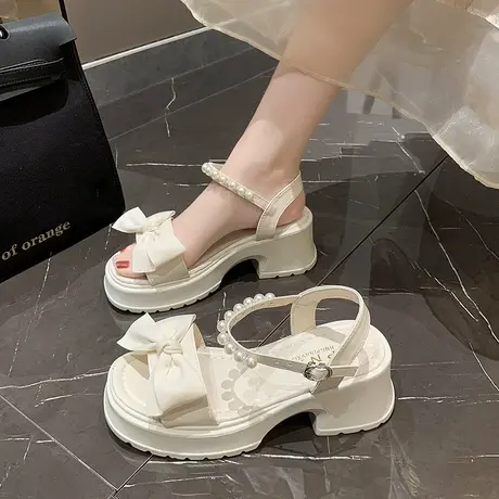 仙女风凉鞋配裙子高跟鞋女2024年夏新款厚底松糕蝴蝶结法式罗马鞋商品大图