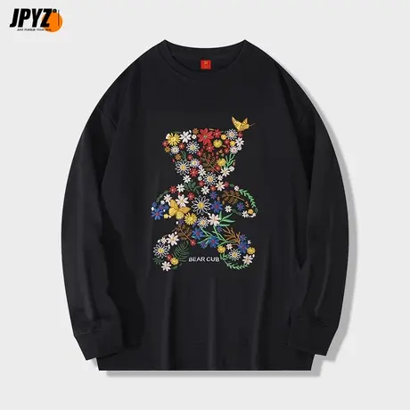 原创国潮花草小熊圆领卫衣男女春秋冬季刺绣高街情侣百搭长袖上衣商品大图
