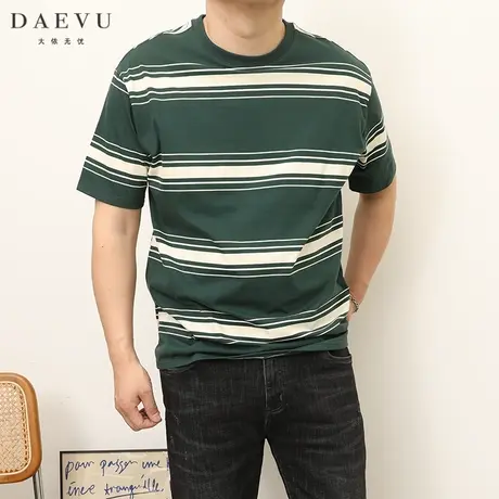 DAEVU夏季新款韩系绿条纹潮胖子大号加肥加大码圆领男士短袖t恤商品大图