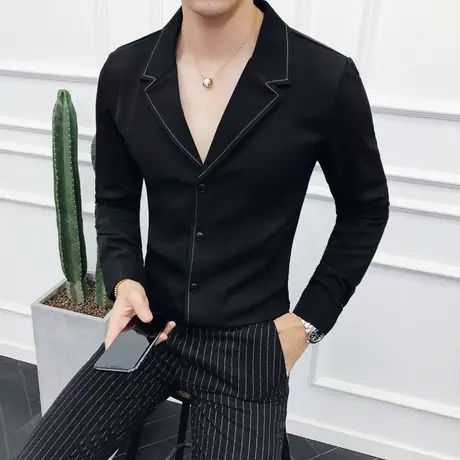 高级感长袖衬衫男士潮流休闲西装领纯色百搭上衣DK男装痞帅白衬衣商品大图