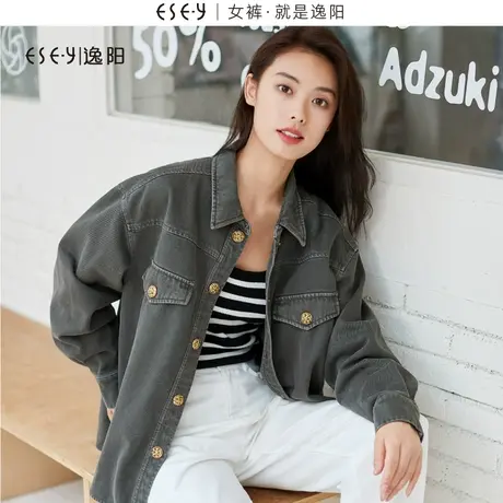 逸阳复古纯棉牛仔衬衫女2023秋新款休闲廓形金属暗扣上衣外套3362商品大图