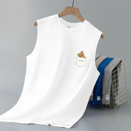 重磅纯棉白色背心男潮夏季外穿宽松运动坎肩篮球健身小熊无袖t恤商品大图