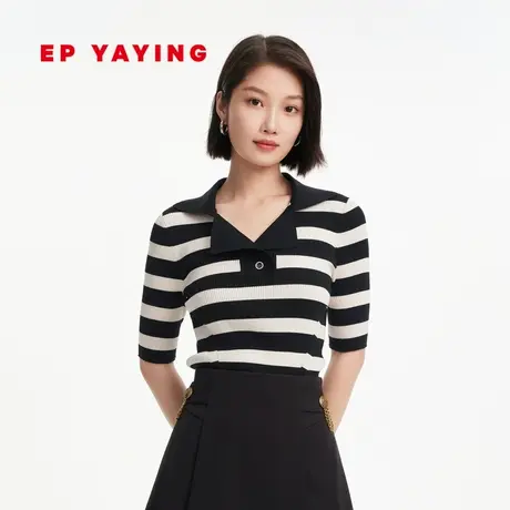 [小香风]EP雅莹女装 时尚黑白条纹针织V领POLO衫 商场同款9902A商品大图