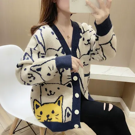 宽松毛衣外套女士针织开衫2023秋装新款宽松春秋卡通学生外搭洋气图片